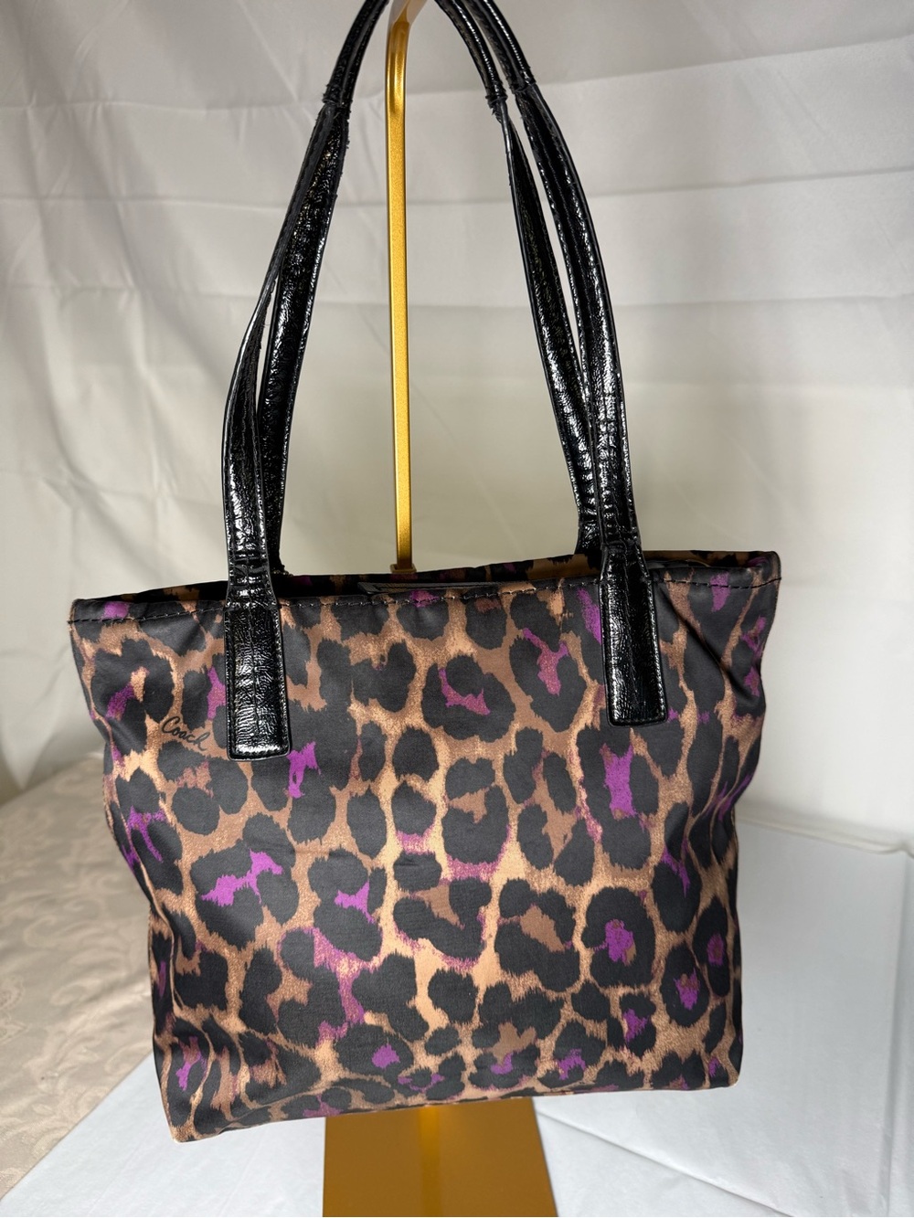 Coach F25282 Leopard Print Purple Patent Shoulder Bag Purse - Picture 3 of 14